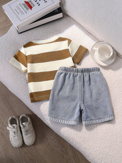 Baby Boy Letter Print Round Neck Short Sleeve T-Shirt And Shorts Casual Daily Outfit