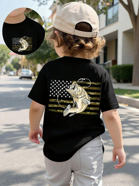Baby Boy Short Sleeved Loose Round Neck T-Shirt With Old Row Outdoors Offshore Slam Fish Printed Pattern Suitable For Summer Wear