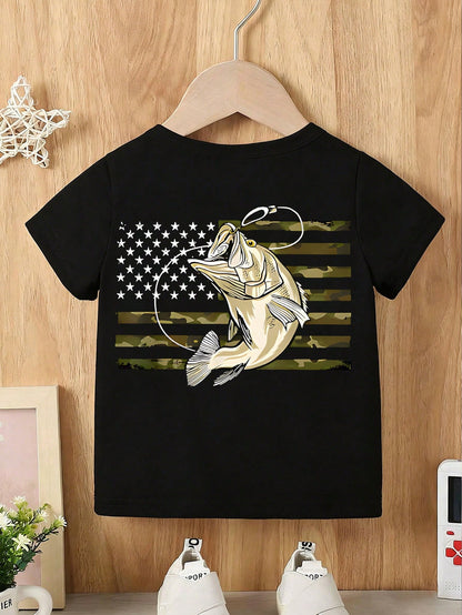 Baby Boy Short Sleeved Loose Round Neck T-Shirt With Old Row Outdoors Offshore Slam Fish Printed Pattern Suitable For Summer Wear