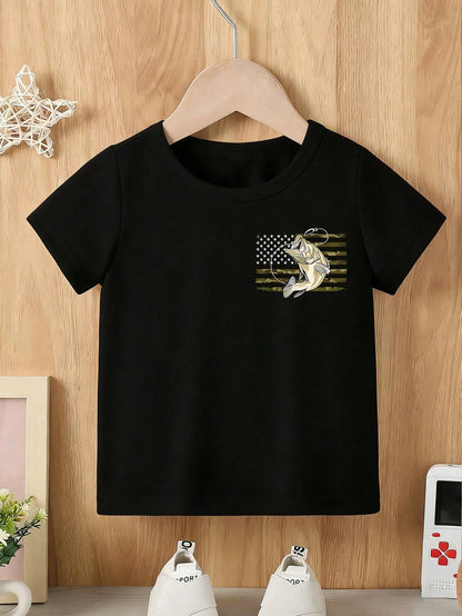 Baby Boy Short Sleeved Loose Round Neck T-Shirt With Old Row Outdoors Offshore Slam Fish Printed Pattern Suitable For Summer Wear