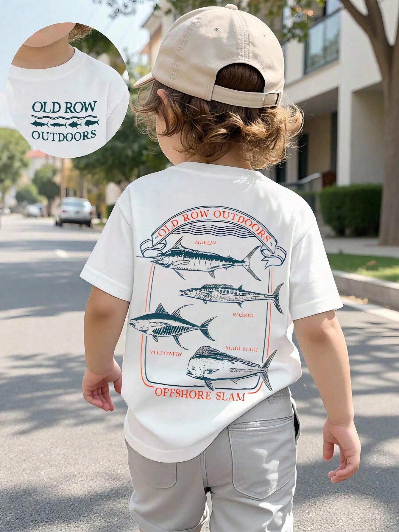 Baby Boy Short Sleeved Loose Round Neck T-Shirt With Old Row Outdoors Offshore Slam Fish Printed Pattern Suitable For Summer Wear