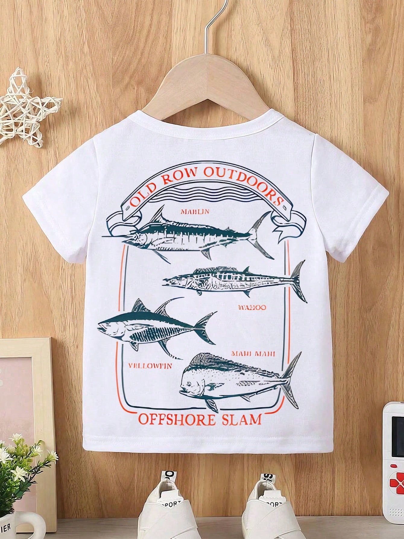 Baby Boy Short Sleeved Loose Round Neck T-Shirt With Old Row Outdoors Offshore Slam Fish Printed Pattern Suitable For Summer Wear