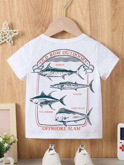 Baby Boy Short Sleeved Loose Round Neck T-Shirt With Old Row Outdoors Offshore Slam Fish Printed Pattern Suitable For Summer Wear