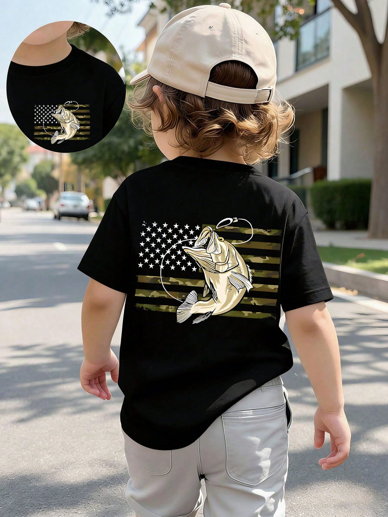 Baby Boy Short Sleeved Loose Round Neck T-Shirt With Old Row Outdoors Offshore Slam Fish Printed Pattern Suitable For Summer Wear