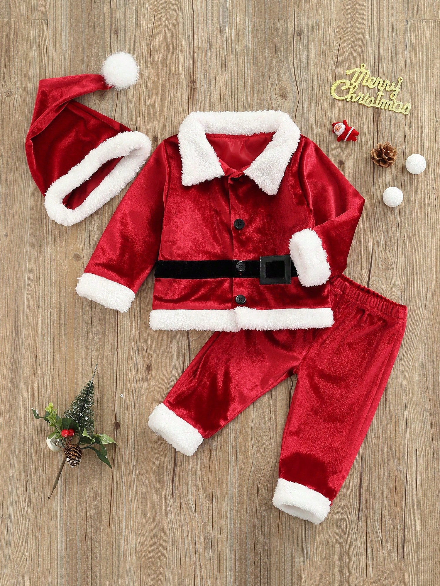 Baby Christmas Costume Santa Claus Outfit Velvet Long Sleeve Christmas Jacket+Long Pants +Xmas Hat Cosplay Clothes Toddler Baby Boys Girls Santa Costume Velvet Long Sleeve Christmas Jacket + Long Pant