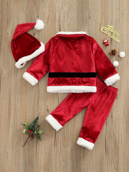 Baby Christmas Costume Santa Claus Outfit Velvet Long Sleeve Christmas Jacket+Long Pants +Xmas Hat Cosplay Clothes Toddler Baby Boys Girls Santa Costume Velvet Long Sleeve Christmas Jacket + Long Pant