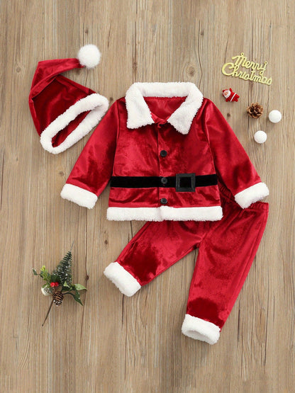 Baby Christmas Costume Santa Claus Outfit Velvet Long Sleeve Christmas Jacket+Long Pants +Xmas Hat Cosplay Clothes Toddler Baby Boys Girls Santa Costume Velvet Long Sleeve Christmas Jacket + Long Pant