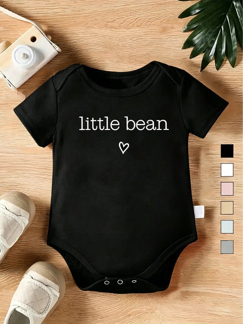Baby Cotton One-Piece Dress- "Little Bean" Heart-Shaped Print, Short Sleeves, Round Nec