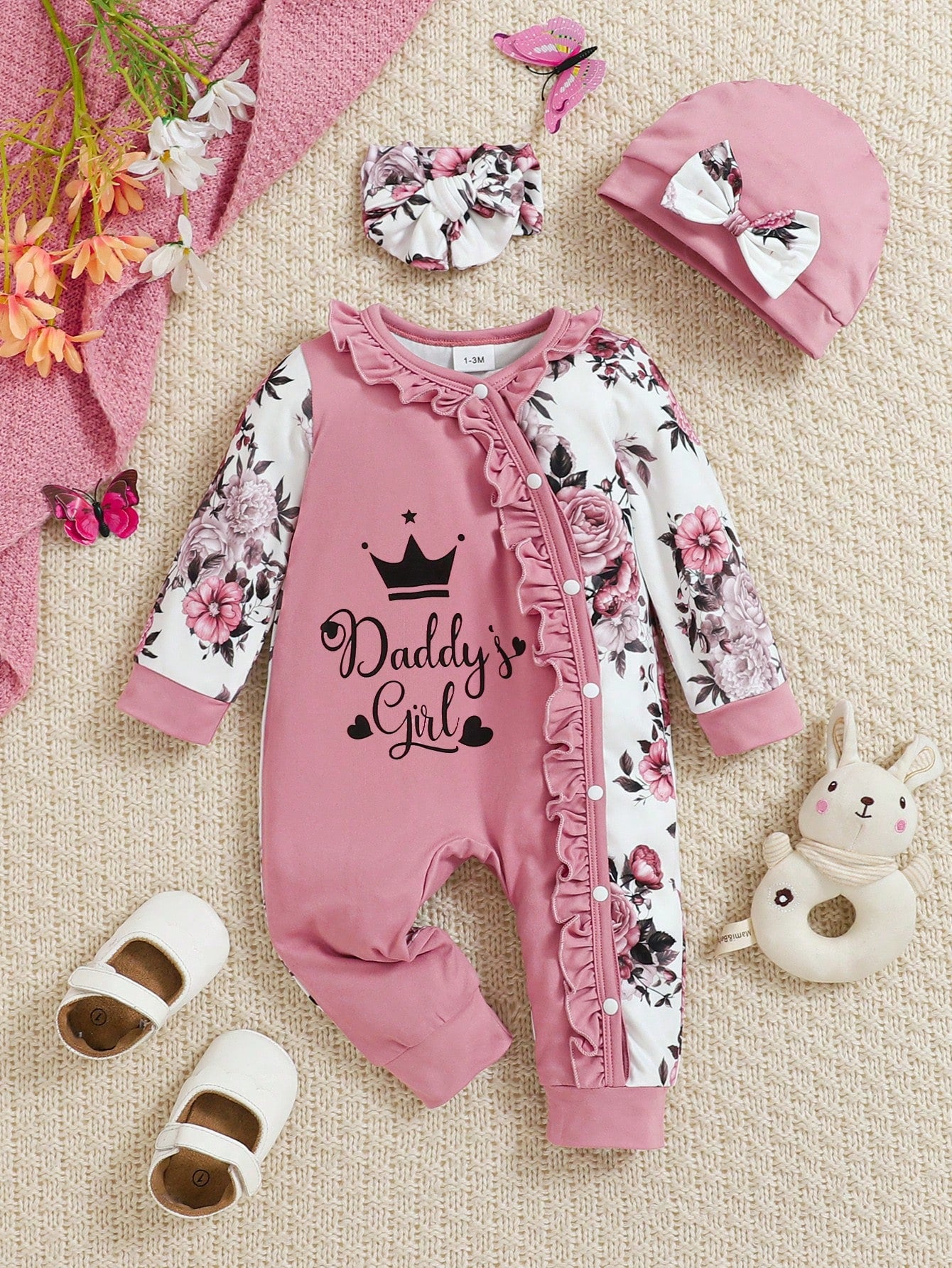 Baby Girl 3pcs Set: Floral Allover Print Jumpsuit With Ruffled Collar, Crown Letter Print, With Hat And Headband, Autumn/Winter, Pink