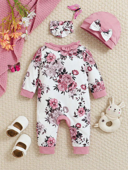 Baby Girl 3pcs Set: Floral Allover Print Jumpsuit With Ruffled Collar, Crown Letter Print, With Hat And Headband, Autumn/Winter, Pink