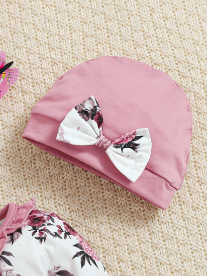 Baby Girl 3pcs Set: Floral Allover Print Jumpsuit With Ruffled Collar, Crown Letter Print, With Hat And Headband, Autumn/Winter, Pink