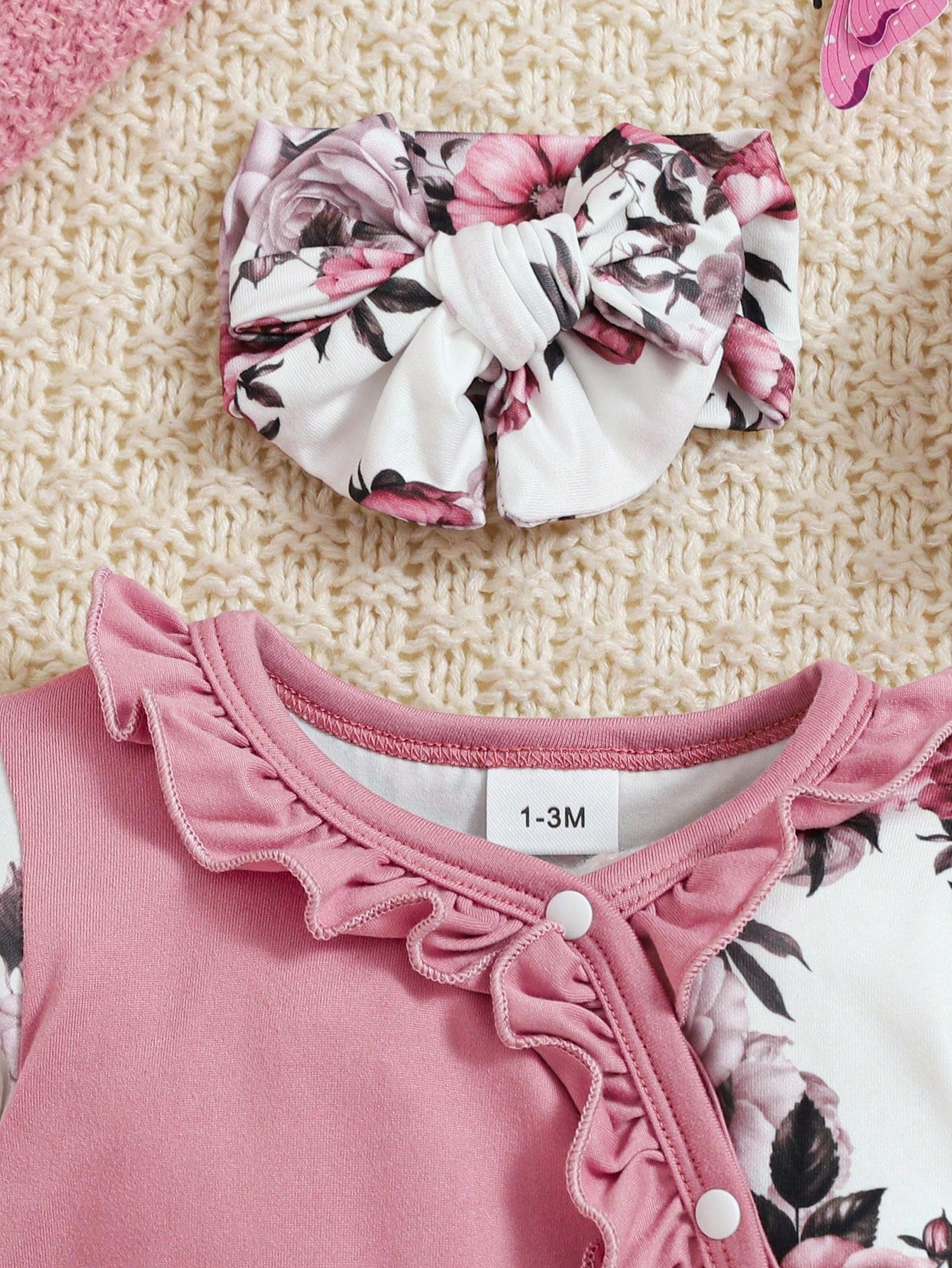 Baby Girl 3pcs Set: Floral Allover Print Jumpsuit With Ruffled Collar, Crown Letter Print, With Hat And Headband, Autumn/Winter, Pink