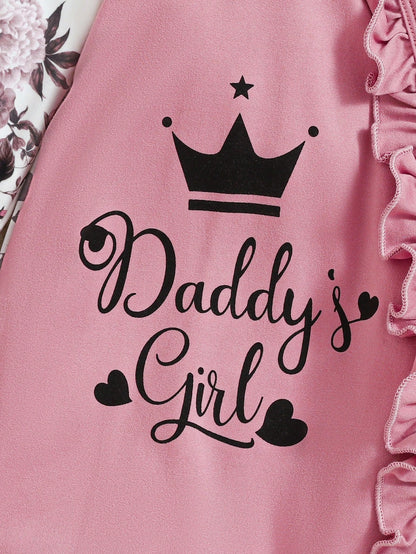Baby Girl 3pcs Set: Floral Allover Print Jumpsuit With Ruffled Collar, Crown Letter Print, With Hat And Headband, Autumn/Winter, Pink