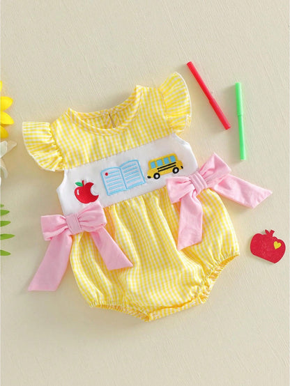 Baby Girl Back To School Outfit First Day Of School Pre K Plaid Crew Neck Flying Sleeve Bubble Romper Cute Summer Clothes