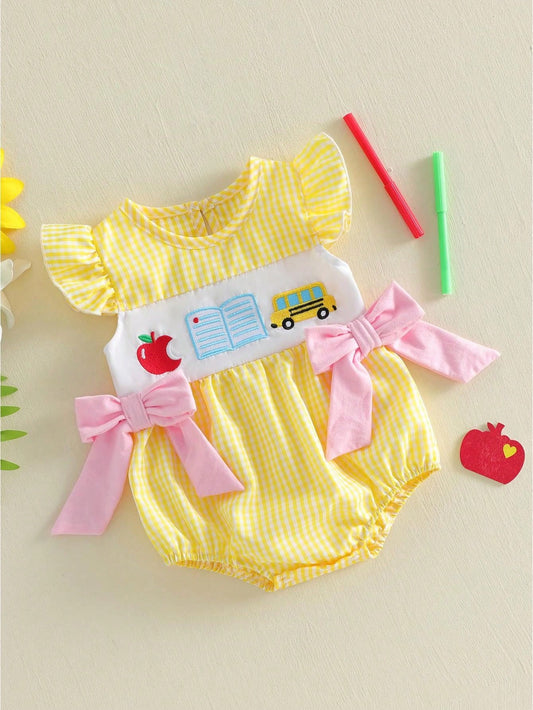 Baby Girl Back To School Outfit First Day Of School Pre K Plaid Crew Neck Flying Sleeve Bubble Romper Cute Summer Clothes