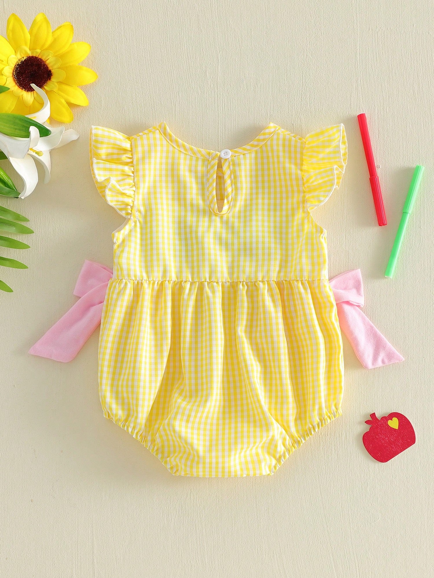 Baby Girl Back To School Outfit First Day Of School Pre K Plaid Crew Neck Flying Sleeve Bubble Romper Cute Summer Clothes