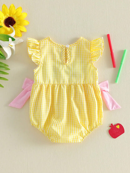 Baby Girl Back To School Outfit First Day Of School Pre K Plaid Crew Neck Flying Sleeve Bubble Romper Cute Summer Clothes