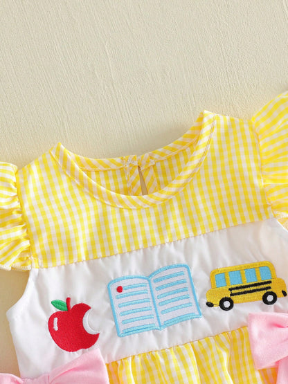 Baby Girl Back To School Outfit First Day Of School Pre K Plaid Crew Neck Flying Sleeve Bubble Romper Cute Summer Clothes