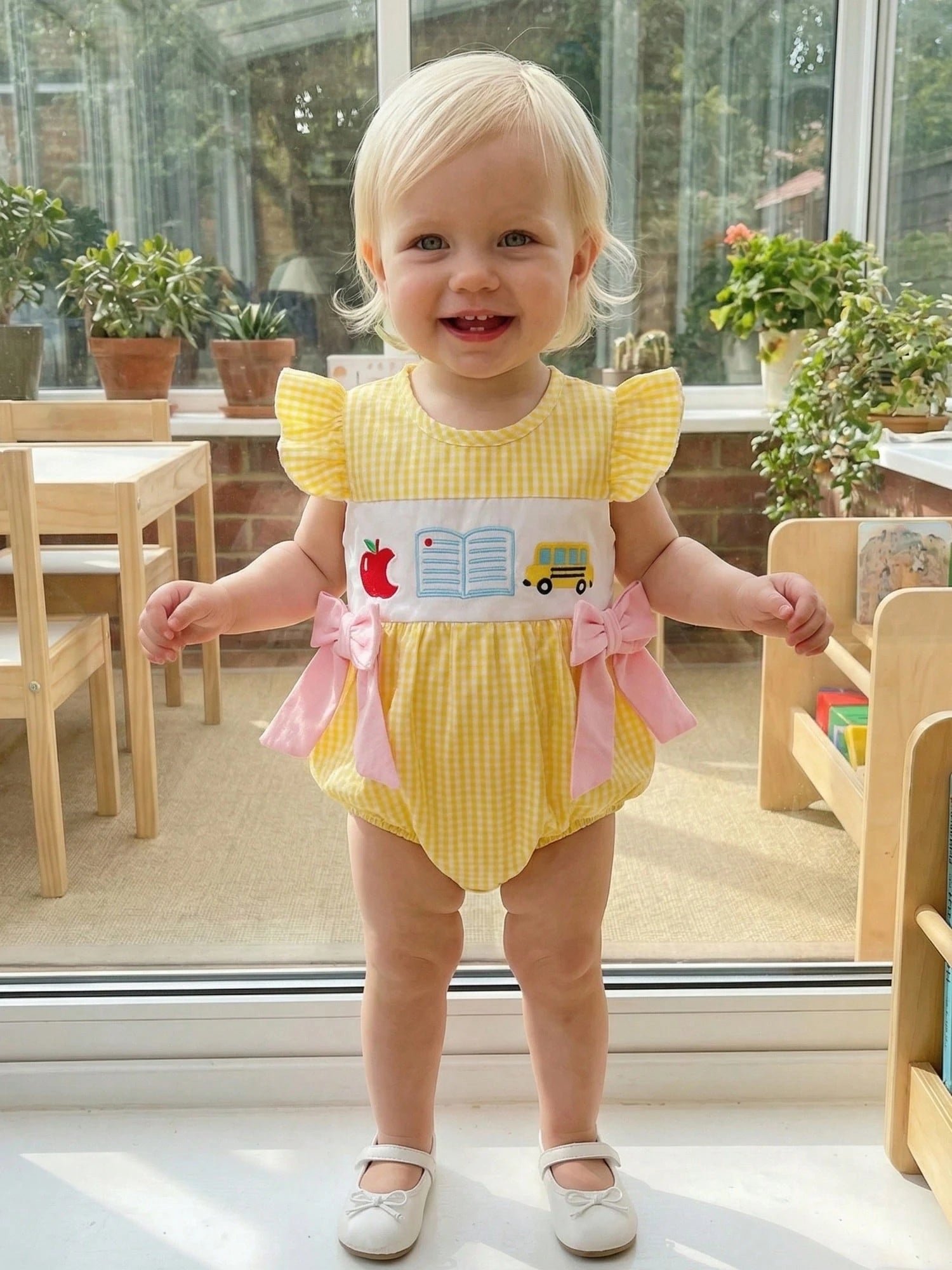 Baby Girl Back To School Outfit First Day Of School Pre K Plaid Crew Neck Flying Sleeve Bubble Romper Cute Summer Clothes