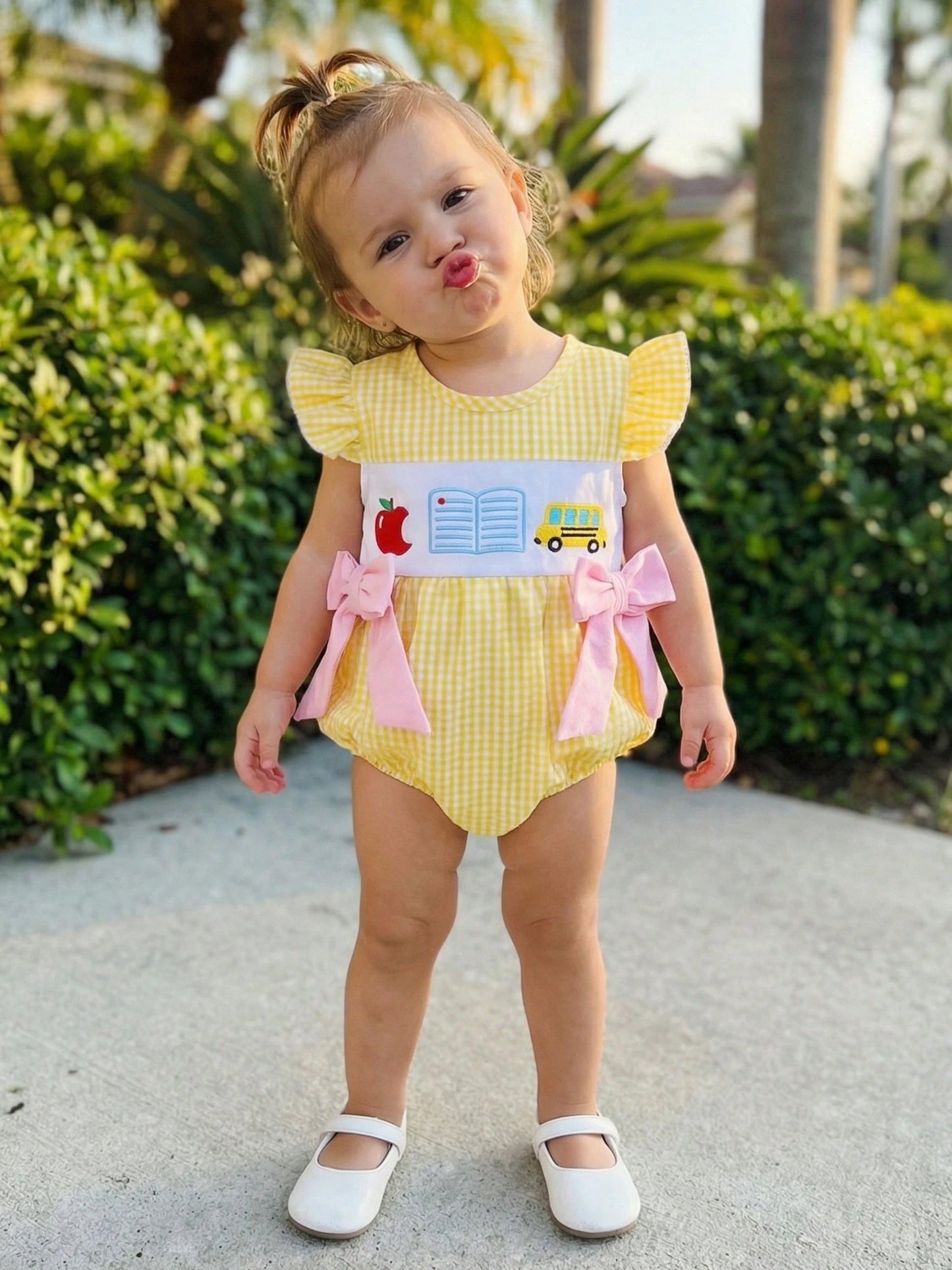 Baby Girl Back To School Outfit First Day Of School Pre K Plaid Crew Neck Flying Sleeve Bubble Romper Cute Summer Clothes