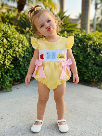 Baby Girl Back To School Outfit First Day Of School Pre K Plaid Crew Neck Flying Sleeve Bubble Romper Cute Summer Clothes