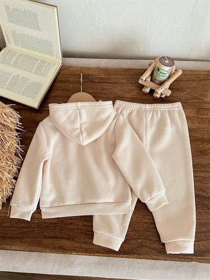 Baby Girl Casual Autumn White Graphic Birthday DADDY'S MINI Letter Print Khaki Knit Soft Hooded Long Sleeve Sweatshirt And Pants Set,Minimalist Outfit