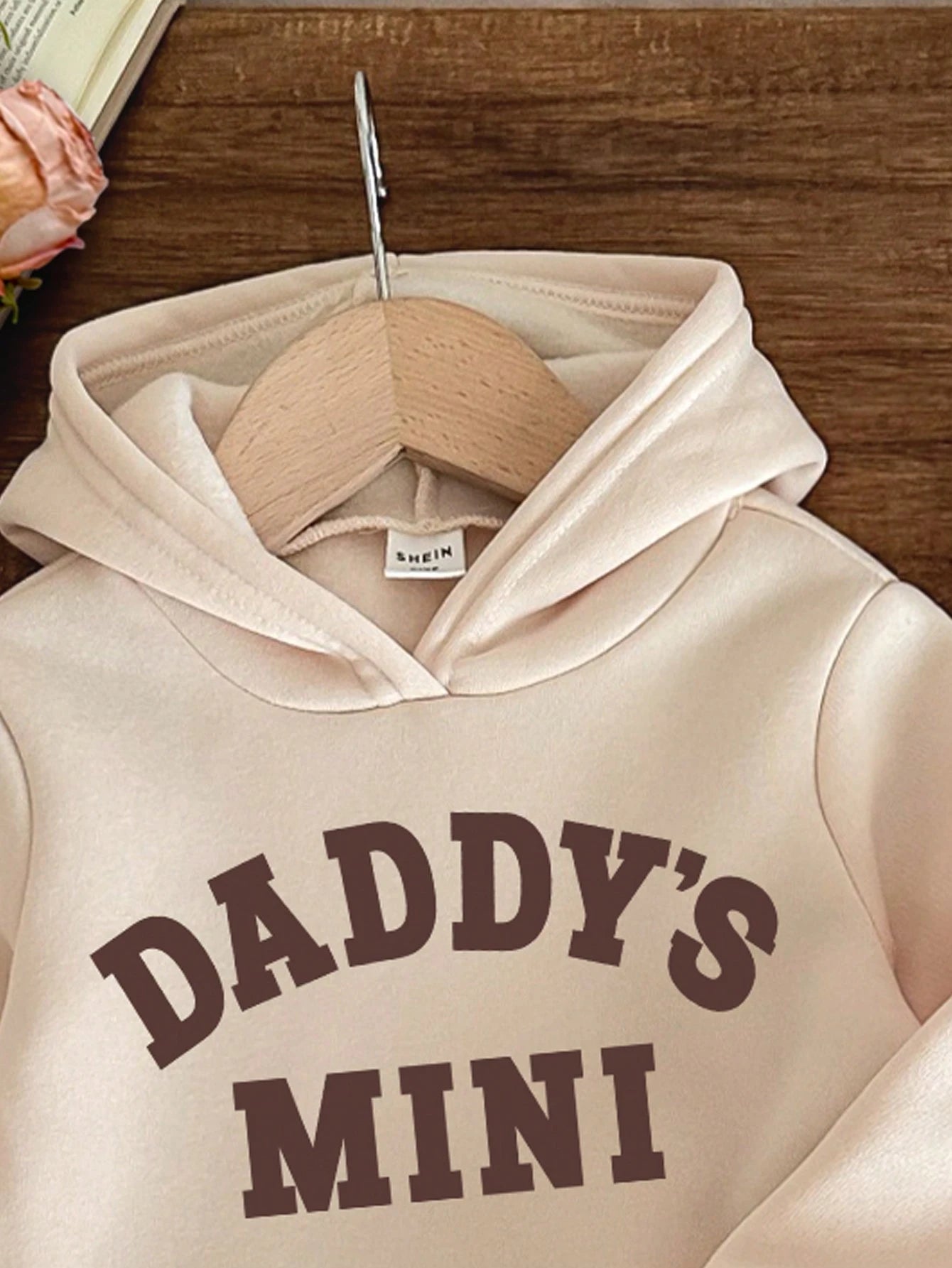 Baby Girl Casual Autumn White Graphic Birthday DADDY'S MINI Letter Print Khaki Knit Soft Hooded Long Sleeve Sweatshirt And Pants Set,Minimalist Outfit