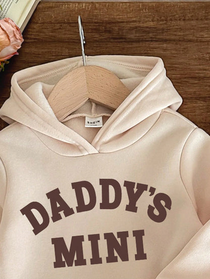 Baby Girl Casual Autumn White Graphic Birthday DADDY'S MINI Letter Print Khaki Knit Soft Hooded Long Sleeve Sweatshirt And Pants Set,Minimalist Outfit
