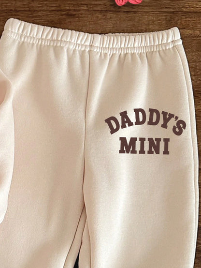 Baby Girl Casual Autumn White Graphic Birthday DADDY'S MINI Letter Print Khaki Knit Soft Hooded Long Sleeve Sweatshirt And Pants Set,Minimalist Outfit