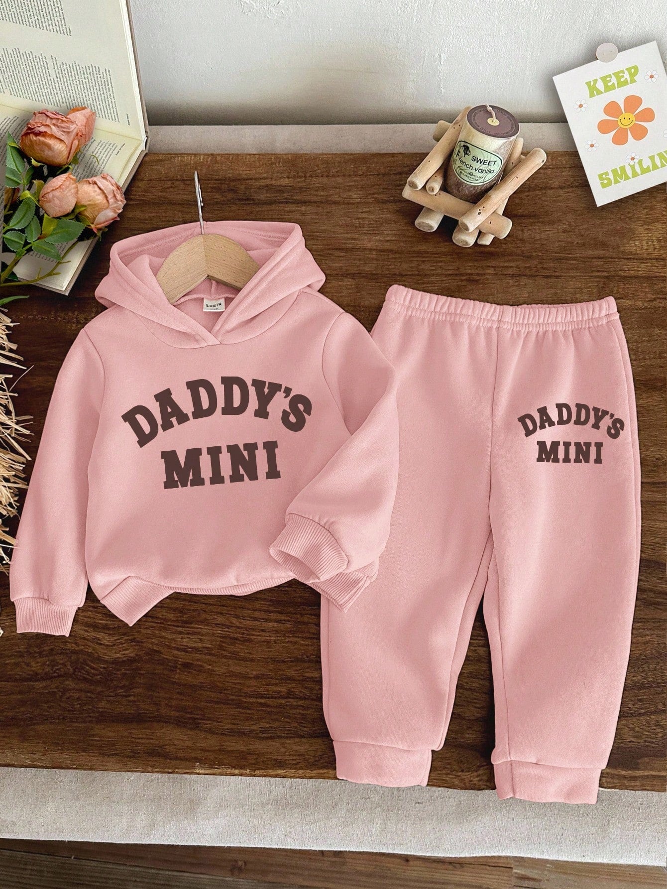 Baby Girl Casual Autumn White Graphic Birthday DADDY'S MINI Letter Print Khaki Knit Soft Hooded Long Sleeve Sweatshirt And Pants Set,Minimalist Outfit