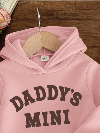 Baby Girl Casual Autumn White Graphic Birthday DADDY'S MINI Letter Print Khaki Knit Soft Hooded Long Sleeve Sweatshirt And Pants Set,Minimalist Outfit