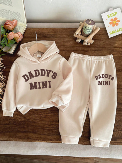 Baby Girl Casual Autumn White Graphic Birthday DADDY'S MINI Letter Print Khaki Knit Soft Hooded Long Sleeve Sweatshirt And Pants Set,Minimalist Outfit