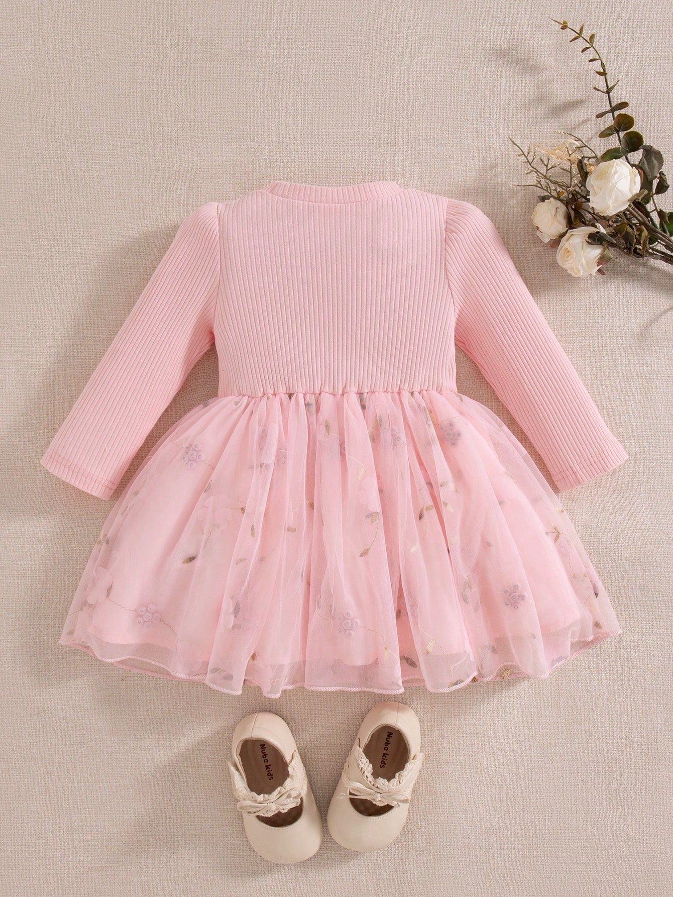 Baby Girl Casual Cute Minimalist Embroidered Mesh Fabric Outfit, Long Sleeve Ribbed Spring/Autumn Short Loose Dress, Suitable For Indoor/Outdoor Activities And Shopping