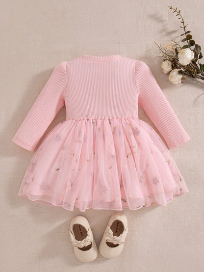 Baby Girl Casual Cute Minimalist Embroidered Mesh Fabric Outfit, Long Sleeve Ribbed Spring/Autumn Short Loose Dress, Suitable For Indoor/Outdoor Activities And Shopping