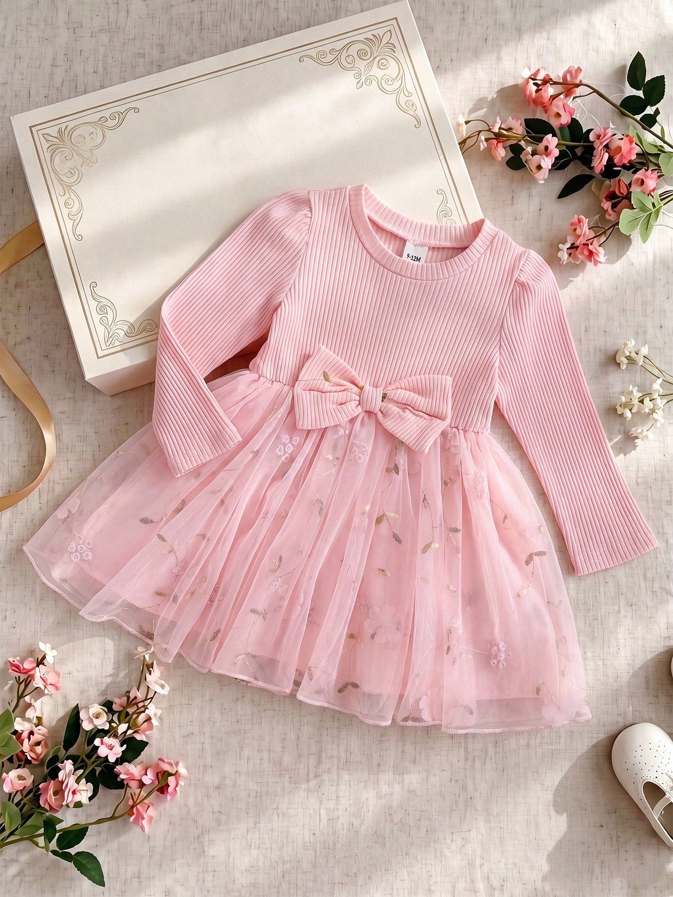 Baby Girl Casual Cute Minimalist Embroidered Mesh Fabric Outfit, Long Sleeve Ribbed Spring/Autumn Short Loose Dress, Suitable For Indoor/Outdoor Activities And Shopping