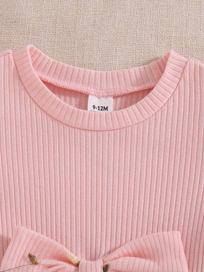 Baby Girl Casual Cute Minimalist Embroidered Mesh Fabric Outfit, Long Sleeve Ribbed Spring/Autumn Short Loose Dress, Suitable For Indoor/Outdoor Activities And Shopping