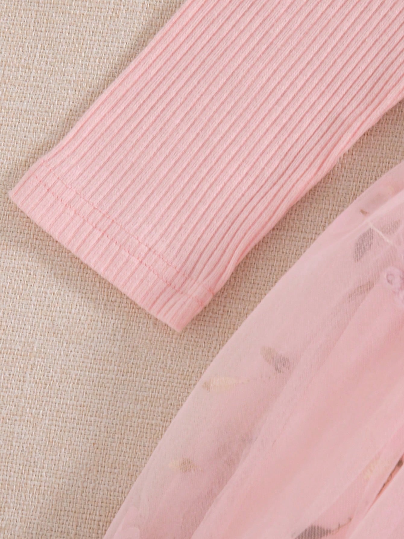 Baby Girl Casual Cute Minimalist Embroidered Mesh Fabric Outfit, Long Sleeve Ribbed Spring/Autumn Short Loose Dress, Suitable For Indoor/Outdoor Activities And Shopping