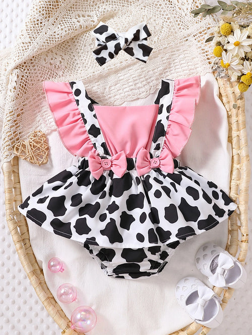 Baby Girl Cow Print Ruffle Trim Bow Front Combo Bodysuit Dress & Accessory Headband