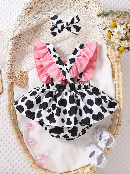 Baby Girl Cow Print Ruffle Trim Bow Front Combo Bodysuit Dress & Accessory Headband