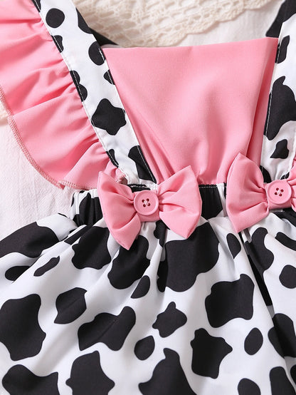Baby Girl Cow Print Ruffle Trim Bow Front Combo Bodysuit Dress & Accessory Headband
