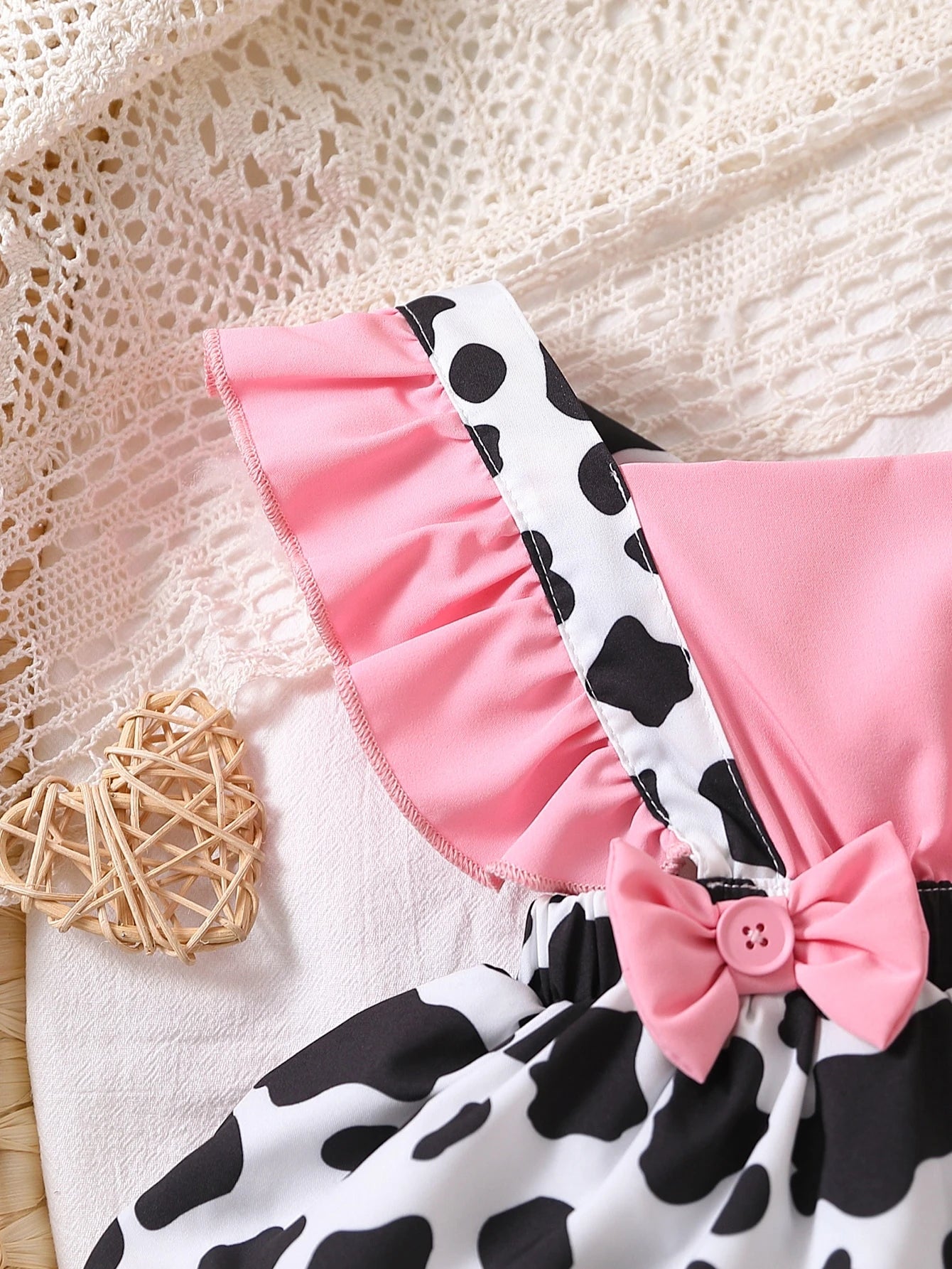 Baby Girl Cow Print Ruffle Trim Bow Front Combo Bodysuit Dress & Accessory Headband
