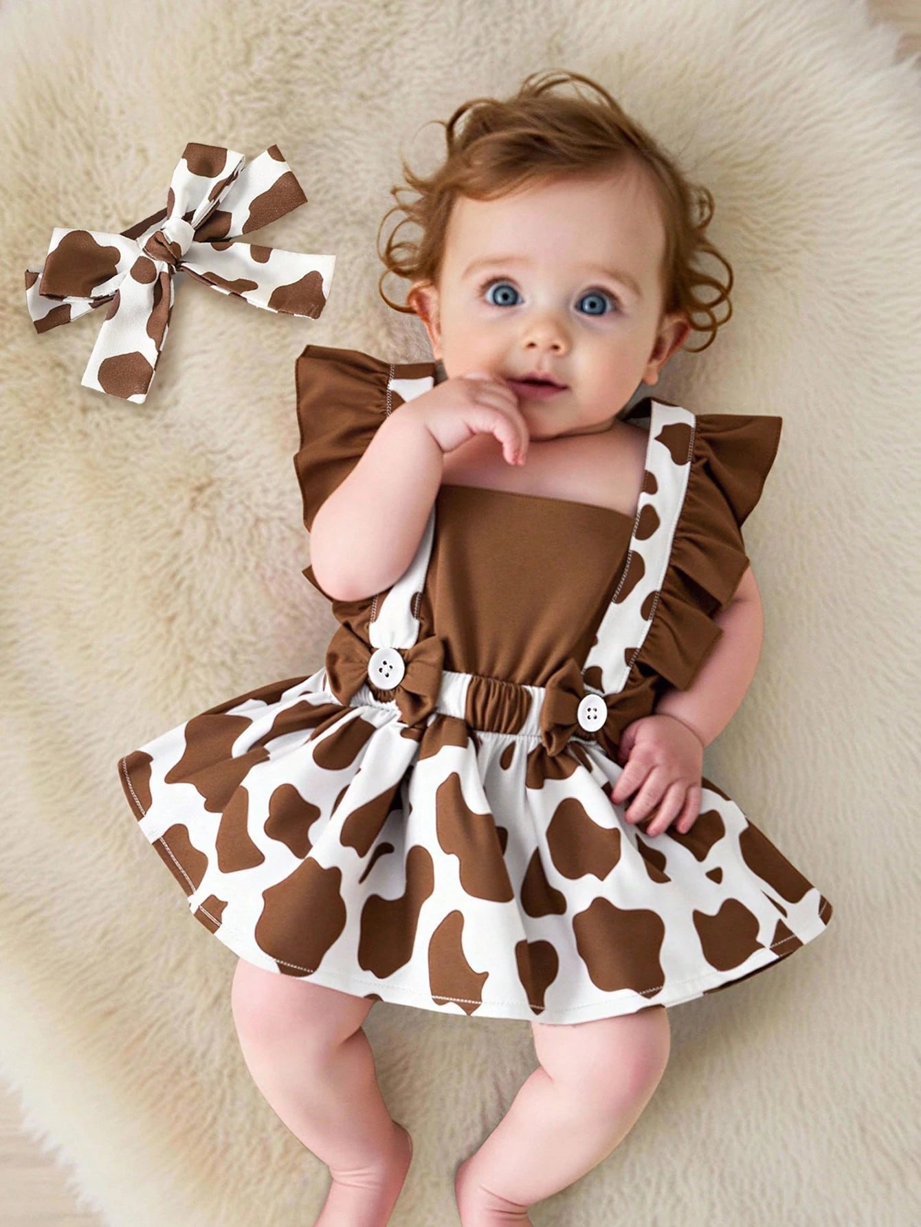 Baby Girl Cow Print Ruffle Trim Bow Front Combo Bodysuit Dress & Accessory Headband