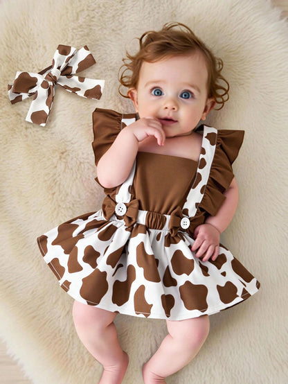Baby Girl Cow Print Ruffle Trim Bow Front Combo Bodysuit Dress & Accessory Headband