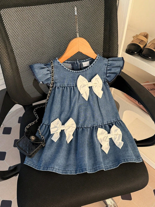 Baby Girl Cute Casual Bow Decor Sleeveless Dress, Suitable For Daily, Outdoor, Street, School, Commute, Party In Summer