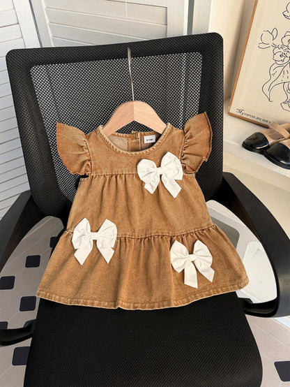 Baby Girl Cute Casual Bow Decor Sleeveless Dress, Suitable For Daily, Outdoor, Street, School, Commute, Party In Summer