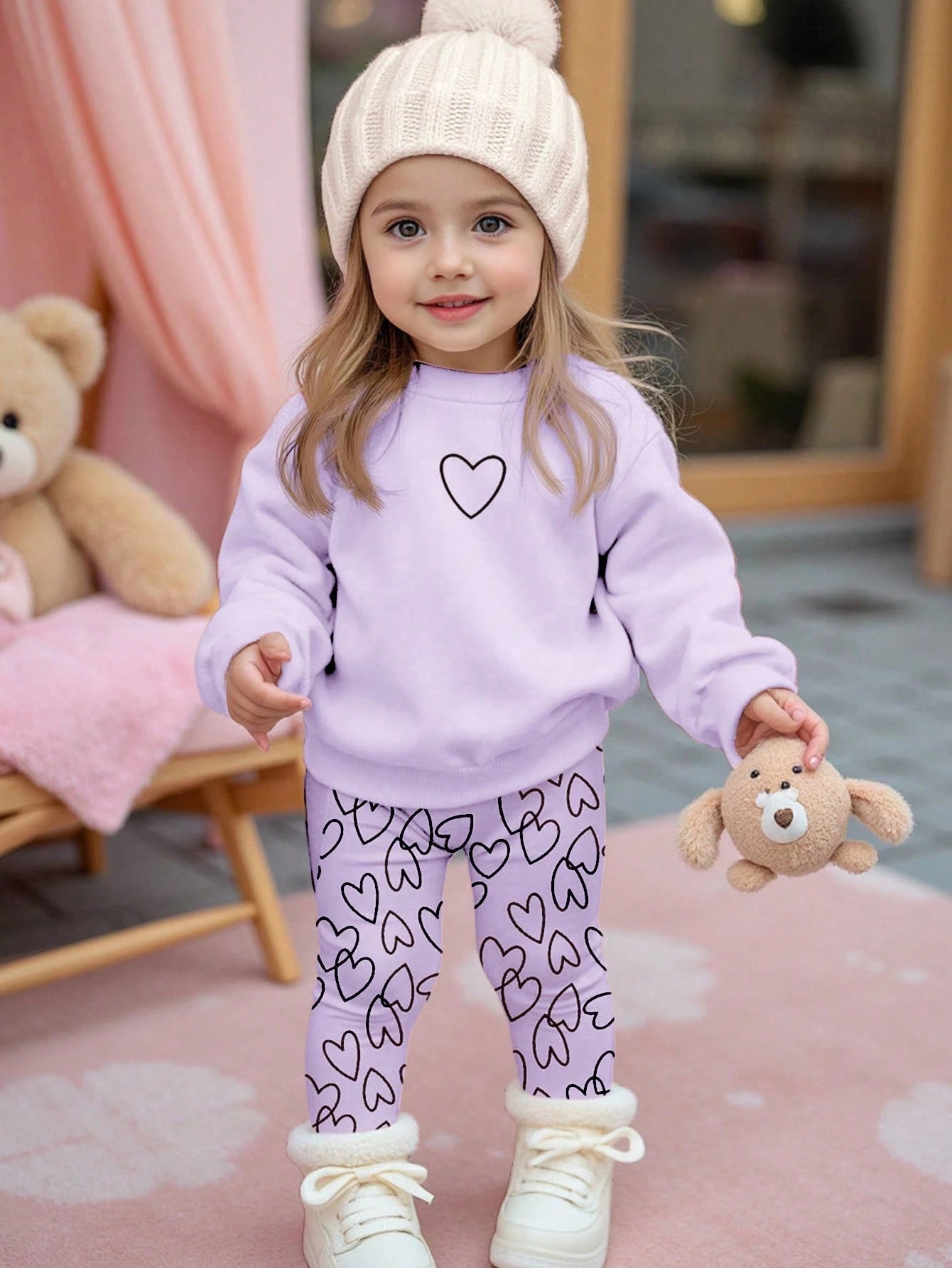 Baby Girl Cute Heart Print Sweatshirt And Leggings Set,Purple Autumn Casual Winter Fashion,Comfortable Crew Neck Long Sleeve Outfit,Family Matching
