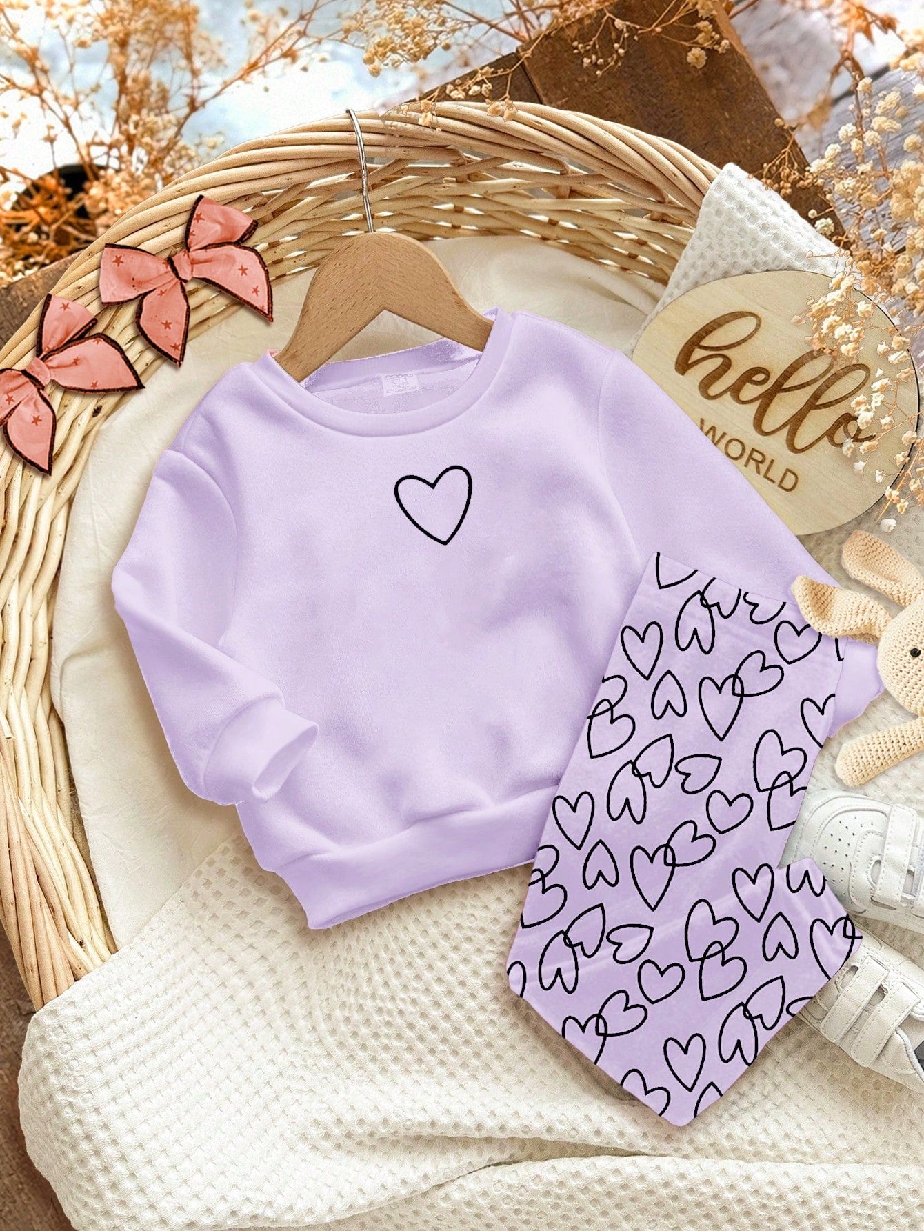 Baby Girl Cute Heart Print Sweatshirt And Leggings Set,Purple Autumn Casual Winter Fashion,Comfortable Crew Neck Long Sleeve Outfit,Family Matching