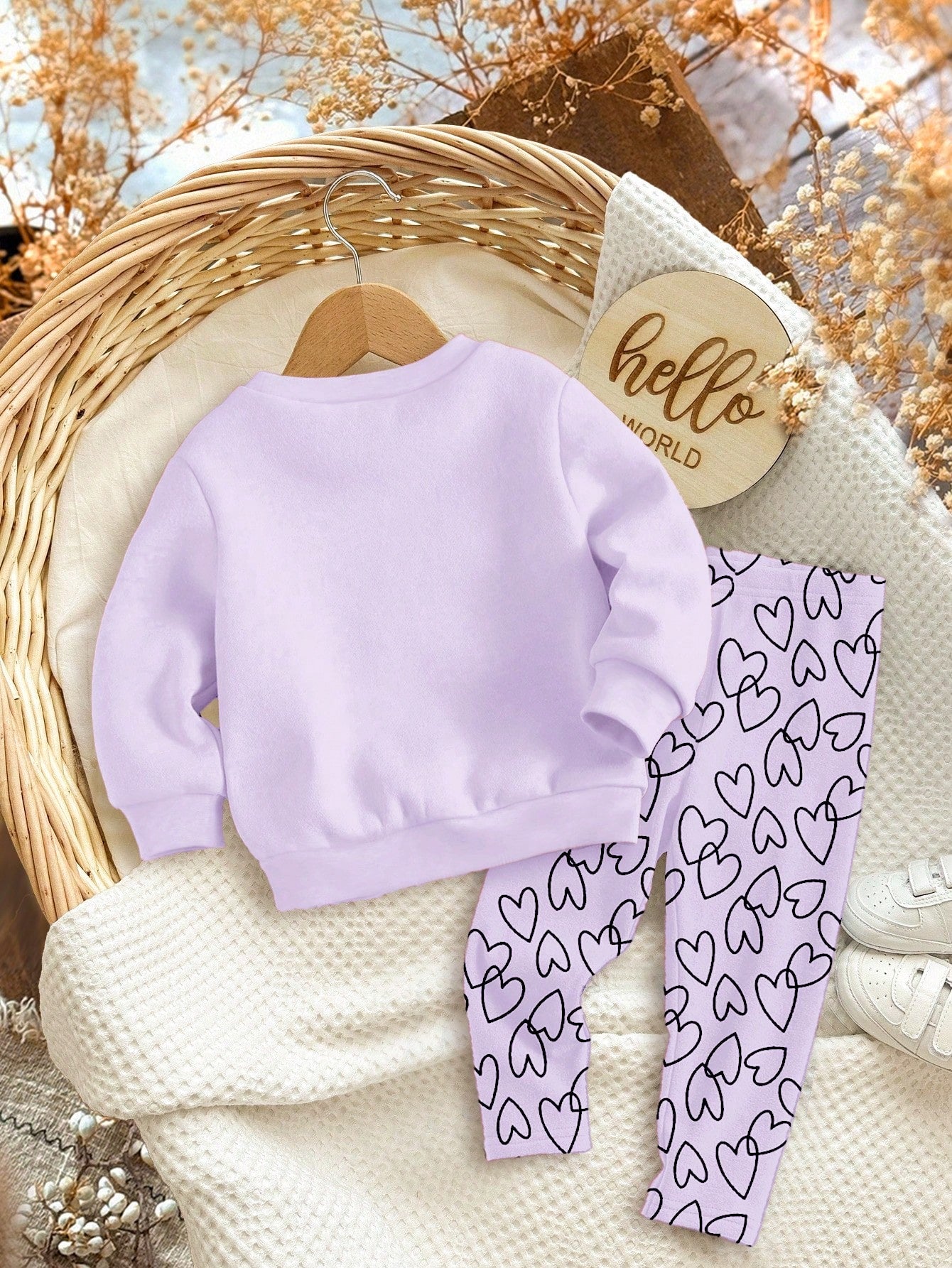 Baby Girl Cute Heart Print Sweatshirt And Leggings Set,Purple Autumn Casual Winter Fashion,Comfortable Crew Neck Long Sleeve Outfit,Family Matching