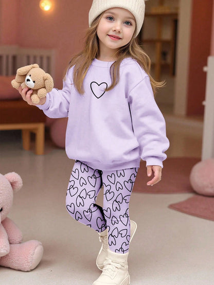 Baby Girl Cute Heart Print Sweatshirt And Leggings Set,Purple Autumn Casual Winter Fashion,Comfortable Crew Neck Long Sleeve Outfit,Family Matching