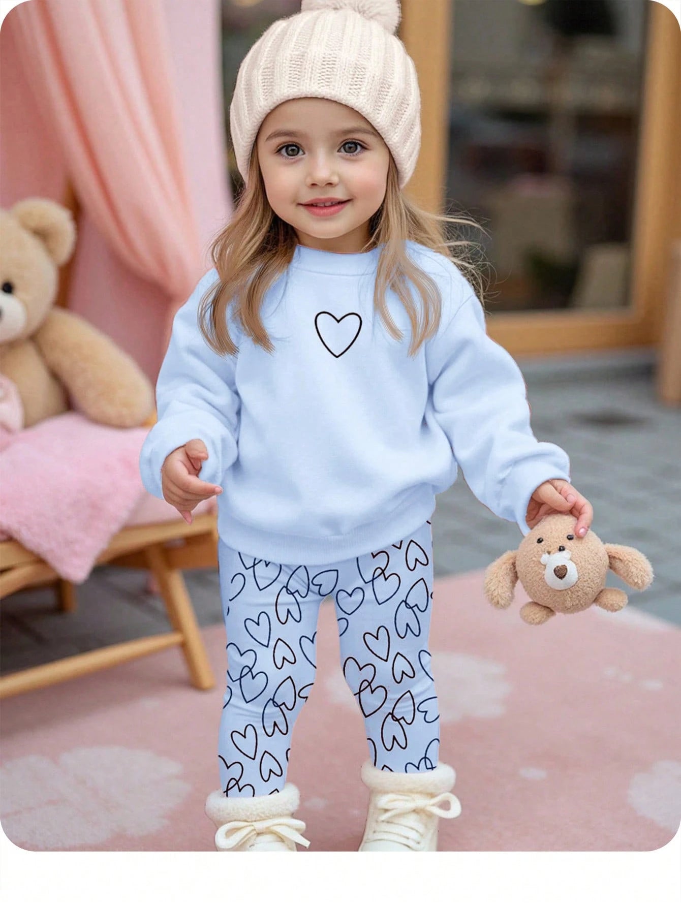 Baby Girl Cute Heart Print Sweatshirt And Leggings Set,Purple Autumn Casual Winter Fashion,Comfortable Crew Neck Long Sleeve Outfit,Family Matching